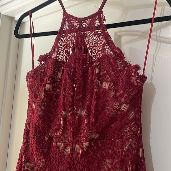 A. Peach red lace overlay high neck mini dress | size L - Picture 3 of 10